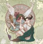  1boy 1girl alternate_costume ancient_greek_clothes angel_wings art_nouveau black_hair black_horns blue_dress breasts brown_hair commentary_request dress feathered_wings floating glasses greco-roman_clothes green_sash hand_on_another's_chin hand_on_another's_head hange_zoe head_wreath hetero highres holding_straw horns levi_(shingeki_no_kyojin) medium_breasts medium_hair open_mouth pants parted_bangs ponytail sash shingeki_no_kyojin short_hair smile suzu_(mjje0txjdsyxovk) tunic white_pants white_tunic white_wings wings 