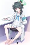  1girl aqua_armband armband blue_archive blue_neckerchief blunt_bangs bright_pupils chair green_hair green_halo hair_over_shoulder hair_up halo hand_in_pocket highres holding holding_pen kumadano lab_coat looking_at_viewer neckerchief office_chair open_mouth panties pantyshot pen pleated_skirt red_eyes sailor_collar sanae_(blue_archive) sandals shirt sitting skirt solo spread_legs stethoscope stethoscope_around_neck swivel_chair underwear white_panties white_pupils white_sailor_collar white_shirt white_skirt 