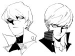  2boys absurdres ako_(eanaaati1) closed_mouth collared_jacket collared_shirt commentary cropped_shoulders frown greyscale hair_between_eyes high_collar highres houndstooth jacket kaiba_seto looking_at_viewer looking_to_the_side male_focus monochrome monogram multiple_boys narukami_yu persona persona_4 school_uniform shirt short_hair sideways_glance sketch swept_bangs very_short_hair white_background wing_collar yasogami_school_uniform yu-gi-oh! yu-gi-oh!_duel_monsters 