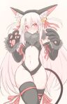  1girl animal_ear_fluff animal_ears animal_hands arm_ribbon arms_at_sides bell black_leotard black_thighhighs blush breasts cat_ears cat_paws cat_tail clothing_cutout elbow_gloves facing_viewer fate/kaleid_liner_prisma_illya fate_(series) fur-trimmed_leotard fur_trim gloves hair_bell hair_between_eyes hair_ornament hair_ribbon hands_up highres himo illyasviel_von_einzbern illyasviel_von_einzbern_(beast_style) leg_ribbon leotard long_hair long_sidelocks looking_at_viewer navel red_eyes red_ribbon ribbon sidelocks simple_background small_breasts smile solo stomach_cutout tail thick_thighs thighhighs thighs twitter_username white_background white_hair wide_hips 