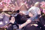  1boy 1girl armpit_crease artist_name bare_shoulders beads bench black_bridal_gauntlets black_shirt blue_eyes blurry blurry_foreground blush breasts bridal_gauntlets brown_pants cherry_blossoms clothing_cutout commentary cross-laced_clothes cross-laced_cutout crossed_bangs dappled_sunlight day double-parted_bangs eiyuu_densetsu falling_petals flower from_above grey_pants hair_between_eyes half_updo hand_on_another's_head headpat highres holding_hands jewelry kai_no_kiseki kuro_no_kiseki_(series) large_breasts leg_cutout long_hair long_sleeves looking_at_viewer looking_up necklace on_bench open_hand outdoors outstretched_arm pants park_bench pendant petals pink_flower pink_petals pov pov_hands pov_legs prayer_beads reaching reaching_towards_viewer rope shimenawa shirt shizuna_rem_misurugi sidelocks sleeveless sleeveless_shirt snowflake_pendant solo sunlight tree tree_shade turtleneck turtleneck_shirt under_tree untranslatable_commentary upper_body vorkiss watermark white_hair wooden_bench 