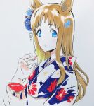  1girl animal_ears blue_eyes blue_flower blue_kimono brown_hair choko_(cup) commentary_request cup floral_print floral_print_kimono flower grass_wonder_(umamusume) hair_flower hair_ornament highres holding holding_cup horse_ears horse_girl japanese_clothes kimono long_hair looking_at_viewer print_kimono simple_background solo traditional_media tsubameyado umamusume upper_body white_background 