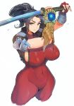  1girl armor black_hair bodysuit breasts brown_eyes closed_mouth commentary_request covered_navel fingerless_gloves gloves highres holding holding_sword holding_weapon jewelry katana large_breasts looking_at_viewer madsensei ninja oni_gauntlet onimusha parted_bangs ponytail red_bodysuit red_gloves shoulder_armor simple_background skin_tight solo soulcalibur sword taki_(soulcalibur) weapon 