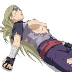  1girl bandages black_eyes black_gloves blonde_hair blood breasts brown_eyes bruise commentary cuts deviantart_logo deviantart_username english_commentary fingerless_gloves forehead_protector from_side gloves highres injury jewelry kiripetals large_breasts lips lipstick long_hair lying makeup naruto_(series) naruto_shippuuden nii_yugito nipples no_bra obi on_back pants parted_lips purple_pants ryona sash scratches shadow shirt short_sleeves simple_background solo torn_clothes torn_pants torn_shirt very_long_hair watermark web_address white_background 