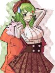  1girl aegyo_sal alternate_costume arm_behind_head beret breasts brown_hat brown_skirt buttons coat commentary fur-trimmed_coat fur_trim green_eyes green_hair gumi hair_ornament hat hatsuno light_blush one_eye_closed orange_coat plaid_clothes plaid_hat plaid_skirt pom_pom_(clothes) simple_background skirt solo sweatdrop sweater tongue tongue_out upper_body vocaloid white_background white_sweater 