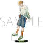 1boy acrylic_stand_(medium) arms_behind_back blonde_hair chick_print closed_mouth denim denim_shorts green_shoes green_sleeves layered_sleeves limbus_company long_sleeves looking_at_viewer male_focus official_art orange_socks project_moon sample_watermark shirt shoes short_over_long_sleeves short_sleeves shorts sinclair_(project_moon) smile sneakers socks solo watermark white_shirt yellow_eyes 