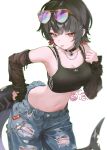  1girl alternate_costume bilingual_commentary black_hair black_sleeves blue_pants breasts cleavage collarbone colored_inner_hair denim detached_sleeves ellen_joe english_commentary eyewear_on_head fins fish_tail funpjinju highres jeans korean_commentary looking_at_viewer medium_breasts midriff mixed-language_commentary mole mole_under_eye multicolored_hair navel pants red_eyes red_hair shark_girl shark_tail short_hair simple_background solo sunglasses tail torn_clothes torn_pants two-tone_hair white_background zenless_zone_zero 