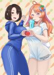  2girls absurdres animal_ears artsheops blue_bow blue_hair blue_streaks blue_track_suit blush bow breast_press breasts brown_eyes brown_hair carrot_background carrot_hair_ornament character_request commentary copyright_request cup drinking_straw drinking_straw_in_mouth eyelashes fingernails food-themed_hair_ornament gfuel hair_bow hair_ornament heart heart_hands heart_hands_duo heart_in_eye highres holding_hands hood hood_down large_breasts lips long_hair multicolored_hair multiple_girls nail_polish open_mouth orange_hair pink_eyes pink_nails rabbit_ears rabbit_girl rabbit_tail shirt short_hair short_sleeves smile streaked_hair striped_bow symbol_in_eye symmetrical_docking tail teeth track_suit two-tone_hair untranslatable_commentary upper_teeth_only white_shirt 
