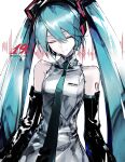  1girl absurdres anniversary aqua_hair aqua_necktie arm_tattoo bare_shoulders black_sleeves breasts closed_mouth collared_shirt commentary detached_sleeves facing_viewer grey_shirt hanaseto hatsune_miku headset highres long_hair long_necktie necktie pale_skin shirt shoulder_tattoo sleeveless sleeveless_shirt small_breasts smile solo sound_wave tattoo tie_clip twintails upper_body vocaloid white_background wing_collar 