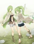  anklet boots breasts caam_serenity_of_gusto choker cleavage coat duel_monster green_eyes green_hair highres jewelry long_hair looking_at_viewer multiple_girls navel navel_cutout open_clothes open_coat ponytail rr_(rr2) sandals shorts small_breasts smile thighlet wand wind winda_priestess_of_gusto yuu-gi-ou 