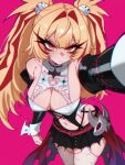  1girl absurdres bare_shoulders black_shirt black_skirt blonde_hair blush breasts claret_flint cleavage closed_mouth collarbone detached_sleeves frown hair_intakes hair_ornament hair_ribbon highres junoelise161 large_breasts long_hair mask_on_belt navel outstretched_arm pink_background print_thighhighs red_eyes ribbon shirt simple_background skirt solo sphere_hair_ornament stomach thighhighs twintails zenless_zone_zero 