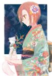  1girl black_sash commentary_request floral_print floral_print_kimono green_kimono holding jack_jeanne japanese_clothes kimono obi obiage obijime onaka_(jack_jeanne) pink_hair print_kimono sash short_hair solo tachibana_kisa weasel yellow_eyes yuhazu_(rhe-rhe) 