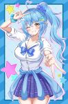  1girl ahoge arlonn blue_border blue_hair blue_nails border breasts cleavage clothes_around_waist collarbone commentary_request cowboy_shot elf fingernails grin hair_ornament hair_scrunchie hairclip heart heart_ahoge highres hololive long_fingernails long_hair long_pointy_ears looking_at_viewer nail_polish one_eye_closed plaid_clothes plaid_skirt pointy_ears ponytail school_uniform scrunchie short_sleeves simple_background skirt smile solo standing star_(symbol) sweater sweater_around_waist teeth v virtual_youtuber wrist_scrunchie yellow_eyes yukihana_lamy 