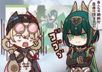  2girls animal_ear_headwear bandana bandana_around_arm bandana_around_neck beanie black_bandana black_cape black_gloves black_hat black_sleeves blonde_hair bracelet braid braided_hair_rings bright_pupils cape chibi chibi_only cleavage_cutout closed_mouth clothing_cutout commentary cross-laced_clothes cross-laced_leotard crossed_arms crossed_bangs detached_sleeves double-parted_bangs dress elbow_gloves eyelashes eyewear_on_head facial_mark genshin_impact gloves gold_bracelet gold_hairband green_cape green_dress green_eyes green_gloves green_hair hair_between_eyes hair_over_one_eye hair_rings hairband hand_up haruneharu hat headpiece holding holding_sack jahoda_(genshin_impact) jewelry leotard long_sleeves mechanical_arms mole mole_under_eye money_bag mora_(genshin_impact) multiple_girls nefer_(genshin_impact) open_mouth pink-tinted_eyewear pink_cape red_bandana round_eyewear sack short_hair sidelocks single_detached_sleeve single_mechanical_arm sleeveless sleeveless_dress smile speech_bubble split_mouth sunglasses symbol-shaped_pupils tattoo teeth tinted_eyewear translated triangle-shaped_pupils turn_pale two-sided_cape two-sided_fabric upper_body upper_teeth_only usekh_collar white_leotard white_pupils wide-eyed 