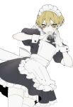  1boy absurdres apron back_bow bell black_dress blonde_hair blush bow commentary cowboy_shot crossdressing crossdressing_(mtf) dress enmaided frilled_apron frilled_dress frills heart heart_hands highres jingle_bell limbus_company looking_at_viewer maid maid_apron maid_headdress male_focus male_maid neck_bell project_moon puffy_short_sleeves puffy_sleeves short_hair short_sleeves simple_background sinclair_(project_moon) solo sweat sweatdrop t4o3q thighhighs white_apron white_background white_thighhighs wrist_cuffs yellow_eyes zettai_ryouiki 