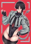  1boy absurdres animal_ears black_gloves black_leotard black_thighhighs bulge commentary fingerless_gloves genderswap genderswap_(ftm) gloves grzegorz1996 hair_over_one_eye highres jane_doe_(zenless_zone_zero) john_doe_(zenless_zone_zero)_(scopeophilia) leotard looking_at_viewer male_focus mouse_ears mouse_tail rat_boy red_background simple_background smile solo tail thighhighs torn_clothes torn_thighhighs zenless_zone_zero 
