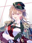  1girl aiguillette black_coat black_gloves black_hat braid breasts brown_hair chest_harness coat coat_on_shoulders collared_shirt commentary_request crown_braid earrings epaulettes fui_(fis6457) furen_e_lustario furen_e_lustario_(9th_costume) gloves hair_between_eyes half_up_braid harness hat highres jewelry large_breasts long_sleeves looking_at_viewer medium_hair military_hat military_uniform necktie nijisanji official_alternate_costume official_alternate_hairstyle open_mouth red_eyes red_necktie red_sash ring sash shirt shoulder_sash smile solo twitter_username upper_body virtual_youtuber watermark white_background white_shirt 