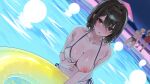  1girl 2boys :o bare_shoulders bikini black_hair blurry blurry_background blush breasts brown_eyes hair_between_eyes highres innertube large_breasts looking_at_viewer medium_hair multiple_boys night nipples one_breast_out open_mouth oreazu original outdoors pool sky solo_focus string_bikini swim_ring swimsuit variant_set voice_drama_available water wet yellow_bikini 