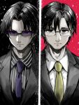  2boys aged_down anjerain black_background black_hair black_shirt black_suit closed_mouth collared_shirt column_lineup commentary_request formal_clothes glasses highres idolmaster idolmaster_(classic) jacket kuroi_takao lapels light_frown looking_at_viewer male_focus multiple_boys necktie red_background serious shirt short_hair split_screen striped_clothes striped_shirt suit suit_jacket sunglasses takagi_junjirou upper_body vertical-striped_clothes vertical-striped_shirt white_shirt yellow_necktie 