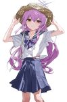  1girl absurdres alternate_costume atsuko_(blue_archive) blue_archive commentary_request fang5hine grey_halo halo hand_on_headwear hat highres long_hair looking_at_viewer purple_hair red_eyes school_uniform serafuku shirt simple_background smile solo straw_hat sun_hat white_background white_halo white_shirt 