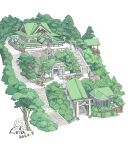 architecture bush commentary_request dated east_asian_architecture from_above gable_roof garden isometric japan kadukireia no_humans original partially_colored rope scenery shimenawa shrine signature snake stairs stone_lantern temple torii tree water waterfall watermark white_background white_snake 