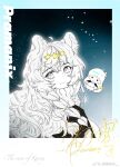  1girl ahoge animal_ear_fluff animal_ears arknights blue_background braid character_name chinese_commentary closed_mouth commentary_request fang_he_gui_zhou grey_eyes highres lala_(little_twin_stars) little_twin_stars long_hair looking_at_viewer looking_back partially_colored pramanix_(arknights) sanrio side_braids signature smile snow_leopard_ears snow_leopard_girl solo sweater turtleneck upper_body watermark weibo_watermark 