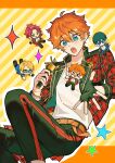  >_< 4boys akehoshi_subaru belt black_gloves black_hair black_pants blonde_hair commentary ensemble_stars! fingerless_gloves gloves hair_between_eyes hidaka_hokuto highres holding holding_microphone isara_mao jacket male_focus microphone mini_person multiple_boys o3i5hyy open_clothes open_jacket open_mouth orange_belt orange_hair outstretched_arm pants plaid_clothes plaid_jacket red_jacket shirt shirt_tucked_in short_hair single_fingerless_glove single_glove star_(symbol) teeth trickstar_(ensemble_stars!) upper_teeth_only white_shirt yuuki_makoto_(ensemble_stars!) 