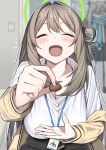  2girls absurdres animal_ears black_skirt blue_archive blue_eyes blue_scarf blurry blurry_background breasts brown_hair candy cardigan cardigan_partially_removed chocolate cleavage closed_eyes commentary_request dress_shirt facing_viewer feeding_viewer food green_eyes green_halo grey_hair hair_rings halo happy_aura heart heart-shaped_chocolate heart-shaped_food highres holding holding_chocolate holding_food id_card lanyard large_breasts long_hair mizumok1 multiple_girls nonomi_(blue_archive) open_mouth opening_door scarf shiroko_(blue_archive) shirt single_hair_ring skirt smile solo_focus straight-on upper_body valentine wolf_ears yellow_cardigan 