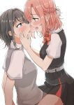  2girls absurdres after_kiss asanagi_yori black_hair black_skirt blue_eyes braid chibi_chosu commentary eye_contact from_side hair_ribbon hands_on_another's_cheeks hands_on_another's_face highres kino_himari looking_at_another medium_hair multiple_girls orange_eyes pink_hair pleated_skirt ribbon saliva saliva_trail sasayaku_you_ni_koi_wo_utau school_uniform short_sleeves simple_background sitting sitting_on_lap sitting_on_person skirt straddling tongue tongue_out upright_straddle white_background white_ribbon yuri 