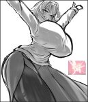  1girl arched_back arcueid_brunestud arcueid_brunestud_(berserker) arms_up black_pantyhose blush breasts commentary contrapposto english_commentary evil_grin evil_smile fate/extra fate/extra_record fate_(series) from_below greyscale grin hair_between_eyes hands_up highres huge_breasts long_skirt looking_at_viewer messy_hair monochrome pantyhose photo_inset reference_inset screenshot_inset shade side_slit simple_background single_hair_intake sketch skirt smile solo sweater thighs turtleneck turtleneck_sweater vinsycal white_background wide_hips 