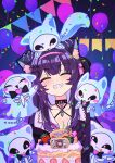  1girl absurdres animal_ears animal_skeleton aquwa balloon birthday_cake black_bow black_bowtie bone_tail bow bowtie breasts broner_(nekrolina) brooch cake cat cat_ears cat_girl chain chain_leash cleavage closed_eyes confetti fangs food grin hair_ornament hairband happy_birthday heart heart_brooch heart_hair_ornament highres indie_virtual_youtuber jacket jewelry leash long_hair nekrolina purple_hair purple_hairband purple_jacket shirt skeleton skeleton_cat smile virtual_youtuber white_shirt xarakura_xara yuy_(vtuber) 
