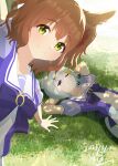  2girls absurdres animal_ears aston_machan_(umamusume) blue_eyes blush bow bowtie breasts brown_hair closed_mouth commentary_request ear_covers flower grass green_eyes grey_hair hair_between_eyes hair_flower hair_ornament hairclip highres horse_ears horse_girl lying mashiroken07 multiple_girls on_back one_eye_closed pleated_skirt puffy_short_sleeves puffy_sleeves purple_bow purple_bowtie purple_shirt sailor_collar sailor_shirt school_uniform seiun_sky_(umamusume) shirt short_hair short_sleeves single_ear_cover skirt smile sunflower sunflower_hair_ornament tracen_school_uniform umamusume white_sailor_collar white_skirt 