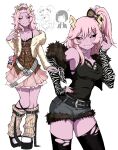  2girls ? absurdres animal_print ashido_mina belt black_belt black_sclera boku_no_hero_academia breasts character_charm charm_(object) cleavage colored_sclera colored_skin earrings fur-trimmed_jacket fur_jacket fur_trim gyaru hair_ornament hairclip hand_on_own_hip high_ponytail highres hoop_earrings horns jacket jewelry jiro_kyoka kekel leg_warmers leopard_print long_hair multiple_girls one_eye_closed onee_gyaru pim_pimling pink_hair pink_nails pink_skin ponytail shirt skirt sleeveless sleeveless_shirt smile smiling_friends thighhighs torn_clothes torn_thighhighs yellow_eyes 