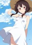  1girl :o absurdres black_hair blush breasts closed_mouth commentary day dress floating_clothes floating_hair hand_up hat highres kono_subarashii_sekai_ni_shukufuku_wo! megumin panties pantyshot red_eyes ryo4423 short_hair_with_long_locks sky sleeveless sleeveless_dress small_breasts solo straw_hat sundress underwear white_dress white_panties wind 