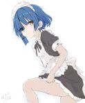  1girl apron black_dress black_ribbon blue_hair bocchi_the_rock! closed_mouth commentary_request core_(mayomayo) dated dress feet_out_of_frame frilled_apron frilled_dress frills from_side hair_between_eyes highres holding_own_dress knee_up light_blush looking_at_viewer looking_to_the_side maid maid_apron maid_headdress mole mole_under_eye neck_ribbon puffy_short_sleeves puffy_sleeves ribbon short_sleeves signature simple_background solo waist_apron white_apron white_background yamada_ryo yellow_eyes 