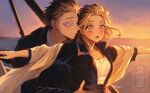  1boy 1girl black_jacket blush boat breasts brown_hair cleavage closed_mouth colored_eyelashes commentary_request derivative_work dress hakuji_(kimetsu_no_yaiba) hand_on_another's_waist hetero jacket kimetsu_no_yaiba koyuki_(kimetsu_no_yaiba) long_hair looking_at_another medium_breasts ocean on_boat open_mouth outdoors outstretched_arms pink_eyes short_hair signature smile titanic_(movie) tmg_gfe upper_body watercraft white_dress wide-eyed wide_sleeves 