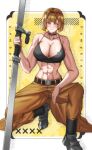  1girl abs absurdres alice_l._malvin aqua_eyes belt black_belt black_bra blush bra breasts brown_hair brown_jumpsuit cleavage closed_mouth commentary_request copyright_name fax61209 highres holding holding_weapon jumpsuit jumpsuit_around_waist muscular muscular_female navel pumpkin_scissors smile solo squatting sweat underwear weapon 