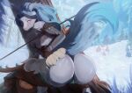  absurdres animal_hands ass bow_(weapon) breasts cameltoe commentary english_commentary fluffy_hair forest furry furry_female genshin_impact highres holding holding_bow_(weapon) holding_weapon huge_ass iryna_(genshin_impact) medium_breasts nature outdoors sekiro_kyanbasu snow tail thick_thighs thighs weapon wolf_girl wolf_tail 