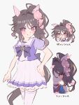  1girl absurdres animal_ears blush bow bowtie bright_pupils brown_hair closed_mouth commentary_request ear_covers flower hair_flower hair_ornament highres horse_ears horse_girl horse_tail long_hair looking_at_viewer multiple_views nenbutsu_0416 orchid phalaenopsis_(racing)_(umamusume) phalaenopsis_(umamusume) pink-tinted_eyewear pink_eyes pleated_skirt puffy_short_sleeves puffy_sleeves purple_bow purple_bowtie purple_shirt school_uniform shirt short_sleeves simple_background skirt smile tail thighhighs tinted_eyewear tracen_school_uniform translation_request umamusume white_background white_skirt white_thighhighs 