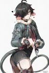  1boy absurdres akumana animal_ears ass back_pouch belle_(zenless_zone_zero) belle_(zenless_zone_zero)_(cosplay) black_hair commentary cosplay crossdressing crossdressing_(mtf) fingerless_gloves garter_straps genderswap genderswap_(ftm) gloves hair_over_one_eye high-waist_shorts highres holding holding_knife jacket jane_doe_(zenless_zone_zero) john_doe_(zenless_zone_zero)_(scopeophilia) knife leather_leotard limp_wrist looking_at_viewer male_focus mouse_boy mouse_ears mouse_tail necktie pantyhose rat_boy sharp_tail shorts single_garter_strap single_leg_pantyhose smile solo tail thighhighs torn_clothes torn_pantyhose trap twisted_torso two-tone_necktie very_long_tail white_background zenless_zone_zero 