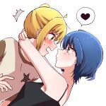  2girls aikatsu0702 arms_around_neck black_camisole blonde_hair blue_hair blush bocchi_the_rock! camisole commentary_request eye_contact green_eyes heart highres ijichi_nijika long_hair looking_at_another mole mole_under_eye multiple_girls open_mouth red_eyes shirt short_hair simple_background spoken_heart sweatdrop white_background white_shirt yamada_ryo yuri 