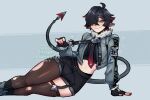  1boy animal_ears black_gloves fingerless_gloves garter_straps genderswap genderswap_(ftm) gloves half-closed_eyes high-waist_shorts highres jane_doe_(zenless_zone_zero) john_doe_(zenless_zone_zero)_(scopeophilia) leisen_mellow looking_at_viewer lying male_focus midriff mouse_boy mouse_ears necktie on_side pantyhose rat_boy red_nails sharp_tail shorts single_garter_strap single_leg_pantyhose solo tail torn_clothes torn_pantyhose trap two-tone_necktie very_long_tail zenless_zone_zero 