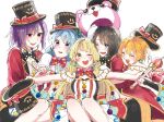  5girls :d ;d bang_dream! bang_dream!_girls_band_party! black_hair black_hat blonde_hair blue_hair breasts commentary feet_out_of_frame green_ribbon grey_eyes hair_ribbon hat headwear_writing hello_happy_world! highres holding holding_unworn_clothes holding_unworn_hat holding_wand kitazawa_hagumi matsubara_kanon medium_breasts medium_hair michelle_(bang_dream!) multiple_girls okusawa_misaki one_eye_closed one_side_up open_mouth orange_hair outstretched_arms purple_eyes purple_hair ribbon seta_kaoru short_hair smile spread_arms succhii_(pikaru) top_hat tsurumaki_kokoro unworn_hat unworn_headwear wand yellow_eyes 