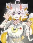  1girl absurdres ahoge animal_ears bandaged_arm bandages blood blood_on_clothes blood_on_face chain demenishki demon_horns facial_mark fluffy_hair highres horns indie_virtual_youtuber looking_at_viewer open_mouth orange_hair psp1g purple_eyes red_horns red_panda_ears red_panda_girl red_panda_tail sebsebseb shirt short_hair simple_background solo tail virtual_youtuber whisker_markings white_hair white_shirt 