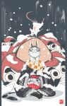  animal animal_focus black_background cat checkered_clothes checkered_scarf chinstrap commentary_request daruma_doll fantasy grey_kimono hat highres hiro314 japanese_clothes japanese_hat kimono looking_up mouse_(animal) no_humans on_ground original partially_colored scarf sitting snow snowing straw_hat striped_fur tabby_cat traditional_youkai yellow_scarf 