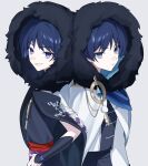  2boys armor artist_name back-to-back belt black_coat black_shirt black_shorts blue_eyes blue_gem blue_hair blunt_ends closed_mouth coat commentary_request dual_persona eyeshadow fatui_coat fingernails from_side gem genshin_impact gold_necklace highres hood hooded_coat japanese_armor jellyfish_cut jewelry kote kurokote lapels long_sleeves looking_at_viewer makeup male_focus multiple_boys necklace official_alternate_costume open_clothes open_coat parted_bangs pelvic_curtain pom_pom_(clothes) purple_belt purple_eyes red_eyeshadow rope scaramouche_(genshin_impact) scaramouche_(harbinger)_(genshin_impact) shirt short_hair shorts simple_background smile takura_0103 teeth two-sided_coat two-sided_fabric vision_(genshin_impact) wanderer_(genshin_impact) wanderer_(nord_express)_(genshin_impact) white_background white_coat 