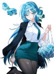  1girl absurdres artist_name bag black_pantyhose blue_eyes blue_hair blue_necktie breasts buro_moon collared_shirt commentary dated dress_shirt earrings food formal_clothes fruit hair_bun hair_ornament hairclip high_heels highres holding holding_bag ice icicle jewelry leaf long_hair looking_at_viewer necktie office_lady open_mouth pantyhose pencil_skirt personification plants_vs._zombies reference_inset sentient_plant shirt shirt_tucked_in simple_background skirt solo suit watermelon white_background white_shirt winter_melon_(plants_vs._zombies) 
