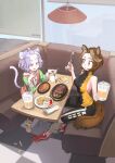  2girls alcohol animal_ear_fluff animal_ears armpit_crease arms_on_table artist_name back_cutout bangs_pinned_back bare_arms bare_shoulders beer beer_mug black_pants black_shirt booth_seating borrowed_character breasts brown_eyes brown_hair brown_pantyhose brown_streaks brown_tail buttons cat_ears cat_girl cat_necklace checkered_floor cityscape clothing_cutout commentary commission copyright_name couch cup eating eyelashes fingernails flat_chest food food_on_floor food_request fork french_fries from_side full_body green_sleeves hair_ornament hairclip half-closed_eyes hands_up hanging_light highres holding holding_cup holding_fork hood hood_down hoodie indoors jun_(navigavi) ketchup kino_(band) long_sleeves looking_at_another looking_at_food meat medium_breasts motion_lines mug multicolored_hair multiple_girls napkin no_pupils noodles nose on_couch open_clothes open_hoodie open_mouth original pants pantyhose pink_eyes pink_hoodie pink_shoes plate purple_hair purple_tail raised_eyebrows red_shoes red_shorts restaurant russian_text shirt shoes short_hair shorts sideboob sign sitting skeb_commission sleeveless sleeveless_shirt slice_of_life smile sneakers square_neckline squirrel_ears squirrel_girl squirrel_tail streaked_hair table tail tail_raised teeth towel turtleneck turtleneck_shirt two-tone_hair two-tone_shirt upper_teeth_only white_shirt window yellow_shirt 