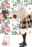  1girl bent_over black_hair black_shoes black_socks bow brown_sweater_vest cellphone cellphone_charm charm_(object) chihayafuru collared_shirt commentary_request floral_background flower_charm grey_eyes hair_bun hanano_sumire hand_on_own_hip highres holding holding_phone kneehighs loafers official_art open_mouth phone plaid_bow plaid_clothes plaid_skirt promotional_art school_uniform shirt shoes skirt socks solo suetsugu_yuki sweater_vest white_shirt 