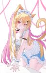  1girl all_fours animal_ear_fluff animal_ears apron armlet bikini blonde_hair bra braid breasts cat_ears cat_girl cat_tail cleavage collarbone commentary_request copyright_request dress extra_ears frilled_bra frilled_dress frilled_wristband frills hair_between_eyes hair_flowing_over highres indie_virtual_youtuber jewelry leaning_forward lingluo_likeu long_hair looking_at_viewer maid maid_bikini maid_headdress medium_breasts multicolored_hair navel on_bed pendant_choker pink_hair red_eyes rurudo_(style) shi_yao side_braid single_braid solo stomach swimsuit tail thighs two-tone_hair unconventional_maid underwear waist_apron white_apron 
